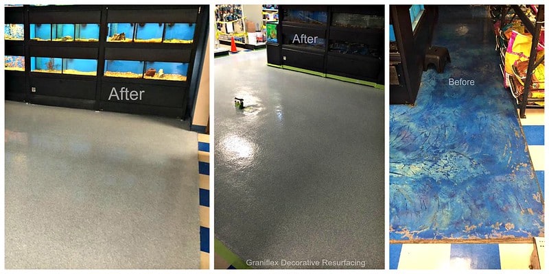 Image of a retail floor with a GRANIFLEX Epoxy Flake flooring system. The flooring features a textured surface with natural variations in color and texture, providing a durable and attractive surface for high-traffic areas.