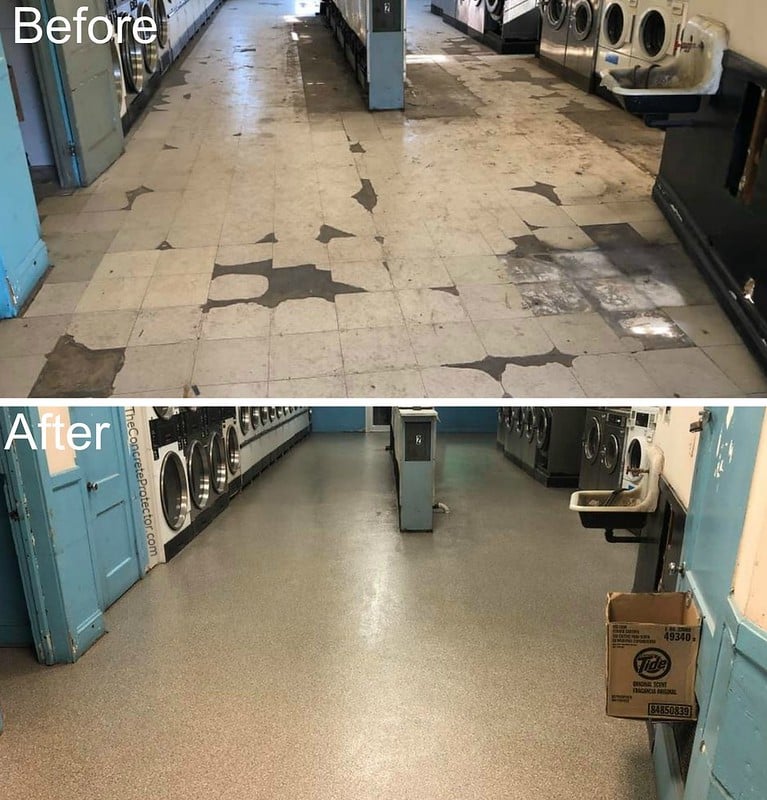 Image of a laundry mat with an Epoxy Flake Retail Flooring system. The flooring features a flaked pattern with a glossy, reflective surface, providing a durable and attractive surface for high-traffic areas.